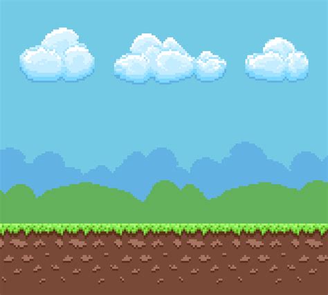 Pixel 8bit game vector background with ground and cloudy sky panorama By Microvector | TheHungryJPEG