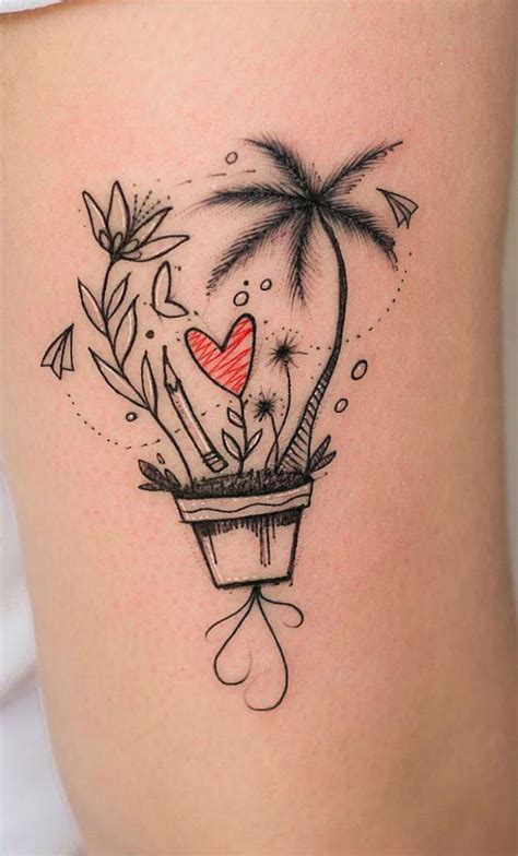 a woman's thigh with an image of a plant in a pot and hearts on it