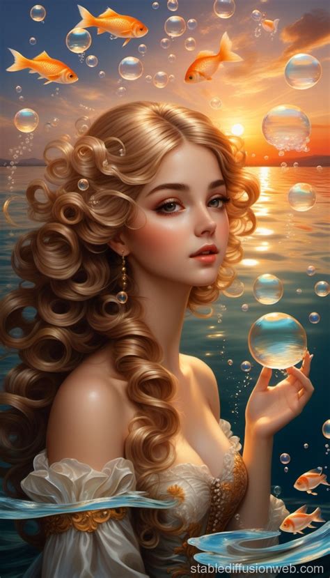 Girl with Water Hair in Bubbly Sunset Sky | Stable Diffusion Online