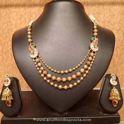 Light Weight Gold Antique Necklace Set - South India Jewels