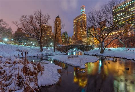 Man Made Central Park Night New York USA Winter Snow Bridge Wallpaper ...