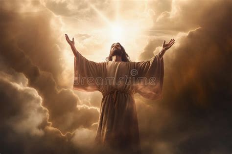Jesus Christ Ascending To Heaven with Divine Light and Clouds, Symbolizing God and Second Coming ...