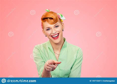 Pinup Girl Pointing Finger To You Laughing Stock Image - Image of employee, indicate: 145715207