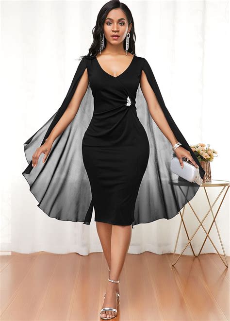 Cape Shoulder V Neck Black Dress | Rosewe.com - USD $31.98