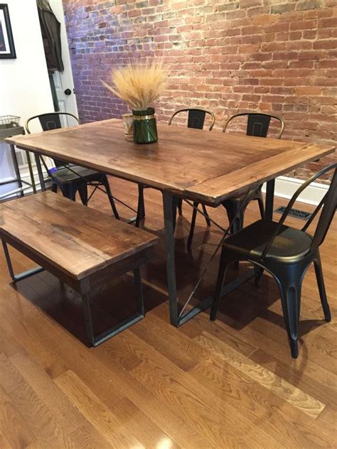 Rustic Industrial Reclaimed Barn Wood Table with Square Metal Legs Dining Table With Bench ...