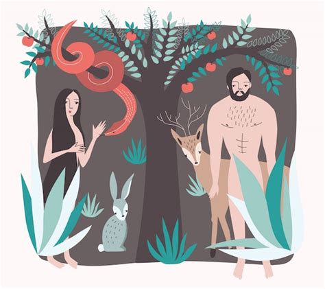 Free Vector | Adam and eve in eden garden ander apple tree with forbidden fruit of knowledge ...