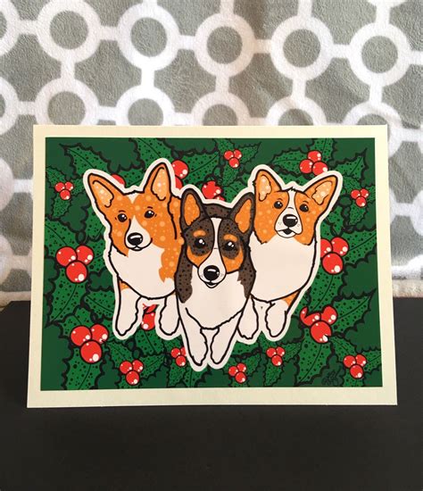 Corgi Christmas Card, Handmade Dogs and Holly Holiday Card, Available ...