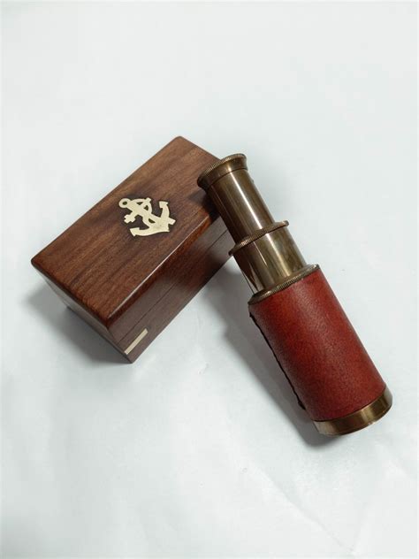 Antique Brass Telescope in Brown Leather 6 inch with Beautiful Wooden Case with Brass Anchor ...