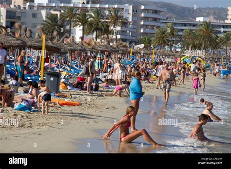 crowded beach of Magaluf Mallorca Balearic Spain Stock Photo - Alamy