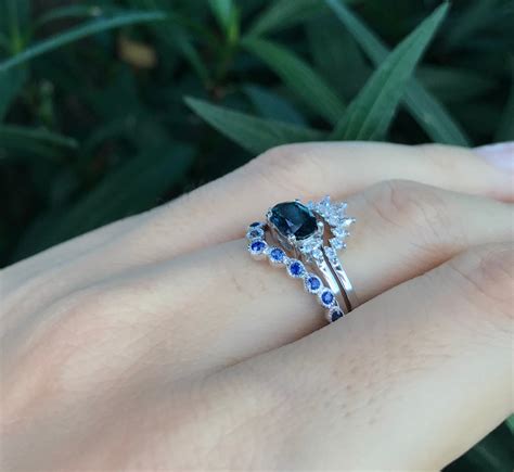 0.90ct Dark Blue Sapphire Engagement 3 Piece Ring Set- Genuine Oval Sapphire Bridal Ring Set ...