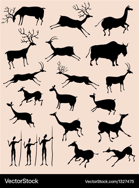 Cave rock painting animals silhouettes set Vector Image