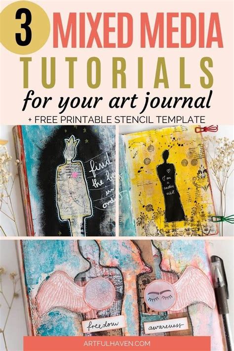Mixed media tutorials for art journaling with free printable stencils. Step-by-step mixed media ...
