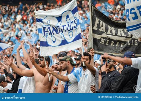 LYON, FRANCE - 16 May, 2018: Olympic Marseille Fans in the Stand ...