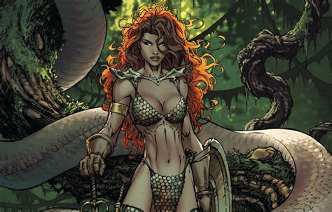 Wallpaper girl, sword, fantasy, snake, trees, weapon, comics, redhead ...