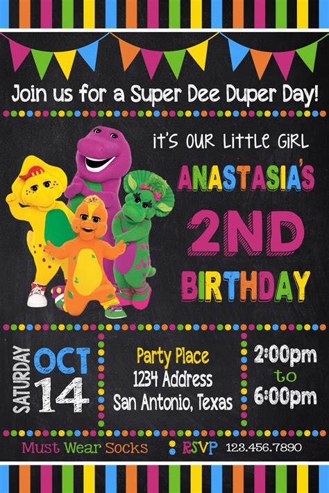 Barney Chalkboard Invitation 4x6 | Barney birthday party, Barney birthday, Birthday invitations