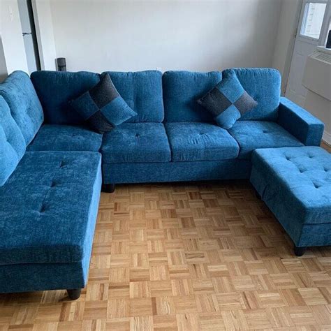 Living Room Blue Sectional Sofa Couch L Shaped with Ottoman Storage Piece