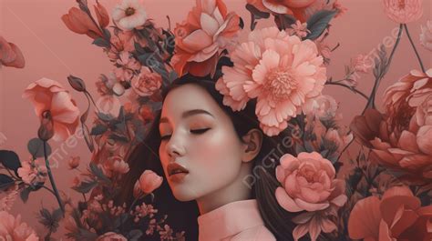 Chinese Woman In Digital Art With Pink Flowers Around Background, Aesthetic Art Picture ...