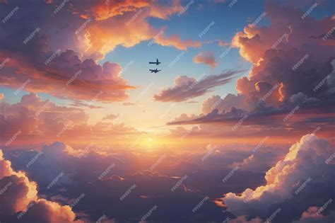 Premium Photo | Place flying in sunset sky
