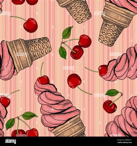 Ice cream with cherry in engraved style. Seamless pattern, vector hand drawn illustration Stock ...