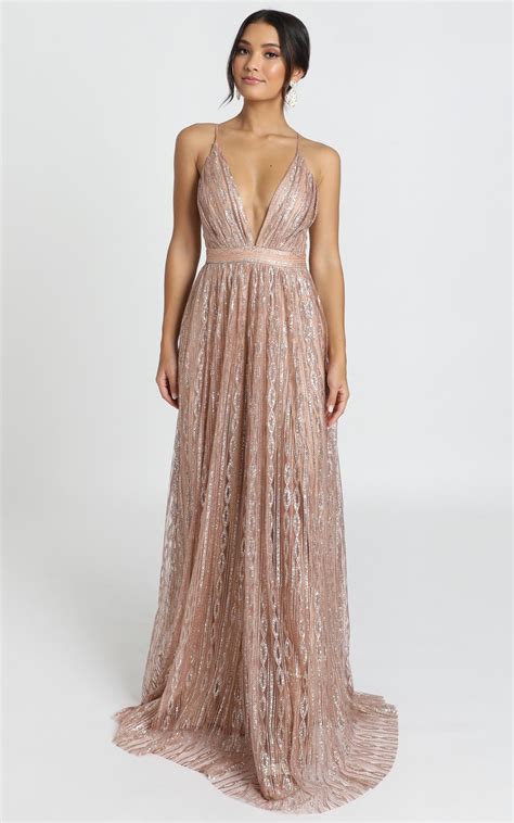 Romantic Night Maxi Dress In Rose Gold Glitter | Glitter bridesmaid dresses, Gold bridesmaid ...