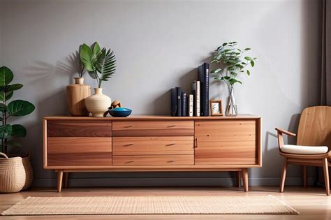 Premium AI Image | Wood sideboard in living room interior with copy space