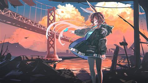 Arknights, amiya, bridge, wind, bunny ears, scenic, clouds, sunset ...