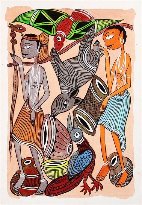 Tribal Hunters - Kalighat Painting | Tribal art drawings, Indian art ...