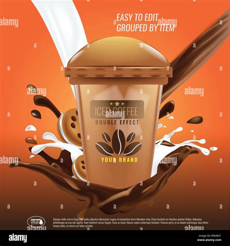 Iced coffee cup with pouring down chocolate splash and cookies advertising layout. Illustrated ...