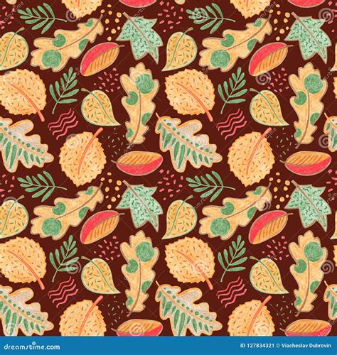 Autumn Leaves Floral Seamless Pattern. Vibrant Leaves on Warm Brown Background. Fall Leaf Crayon ...