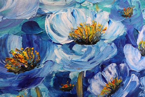Blue FLOWERS Original Painting Impasto Textured Modern Art Anemones Large Canvas