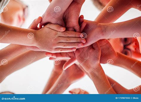 Close Up Children Hands Together, View from Down Stock Image - Image of international, join ...