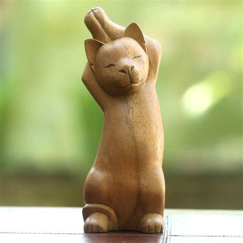 Handcrafted Wood Cat Sculpture - Kitty Cat Stretch | NOVICA