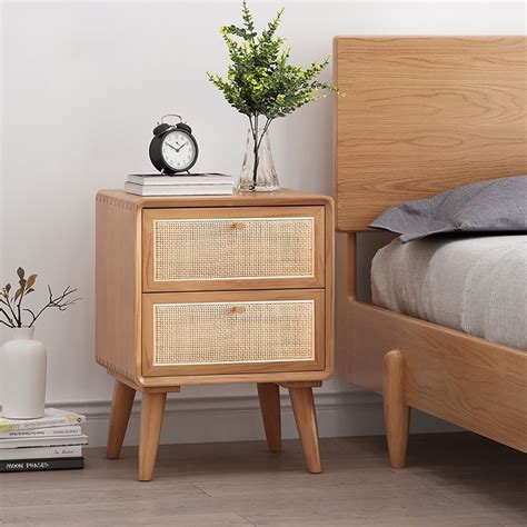 Japandi Natural Rattan Nightstand Solid Wood Bedside Table with 2 ...