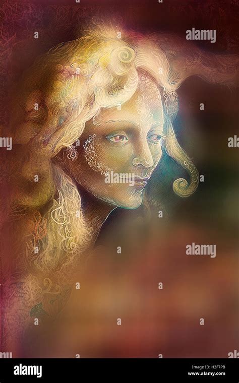 fairytale fairy woman face on abstract background with ornaments Stock Photo - Alamy