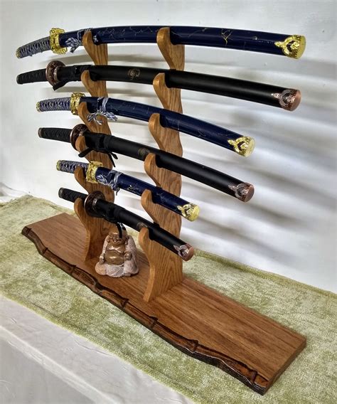 6 Tier Rustic Oak Sword Display Stand Mantel Desk Top Japanese Samurai Décor Martial Arts, Gift ...