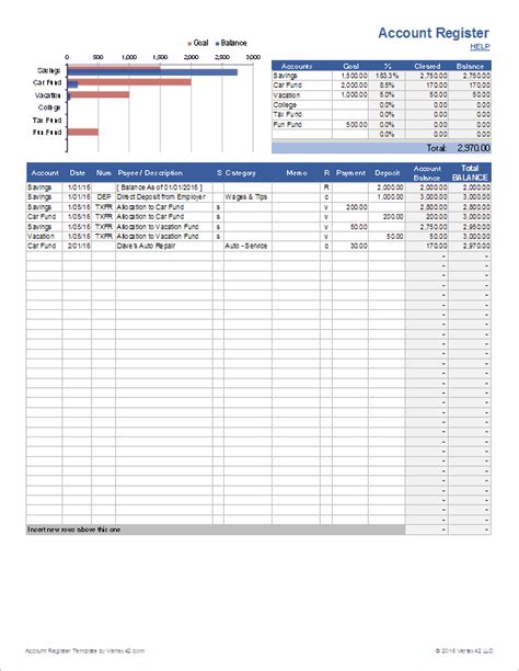 Account Register Template with Sub-Accounts in Excel