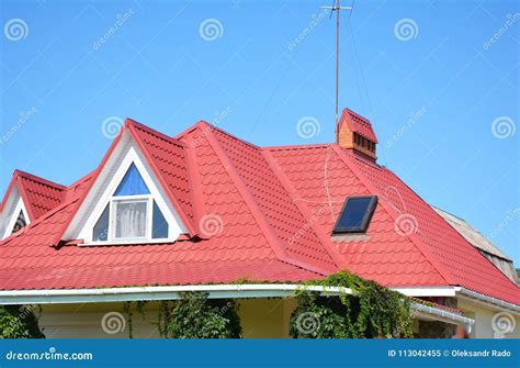 Close Up On Red Metal Roof With Mansard, Skylight Window, Roof Guttering Pipeline System Stock ...