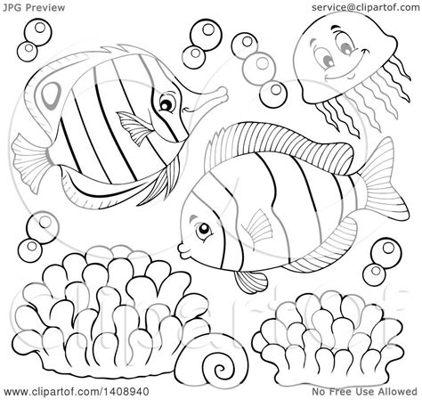 Clipart of Black and White Lineart Marine Fish - Royalty Free Vector Illustration by visekart ...