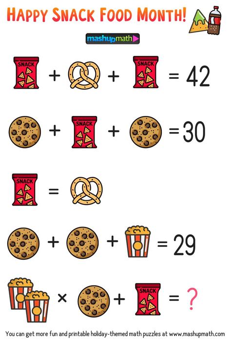 Free Math Brain Teaser Puzzles for Kids in Grades 1-6 to Celebrate Snack Food Month! | Maths ...