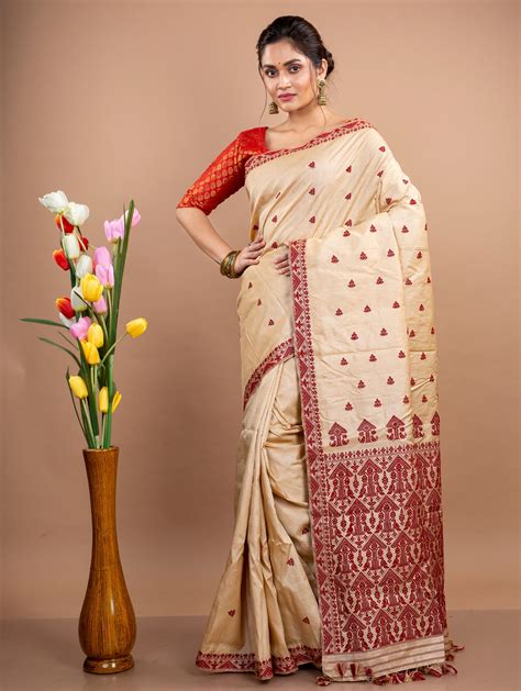 Assam Silk Saree - Golden with Maroon thread Work - ArtisanSoul