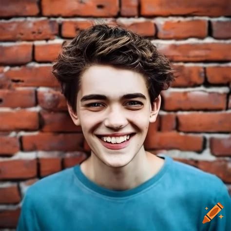 Smiling young man against brick wall on Craiyon