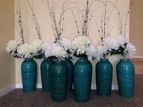 Teal Vases with Artificial Flowers - Affordable Table Decoration