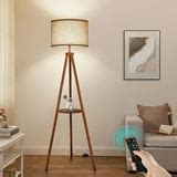 OUTON 63" Tripod Floor Lamp Wood with Shelves, Mid Century Modern Standing Lamps with Linen ...