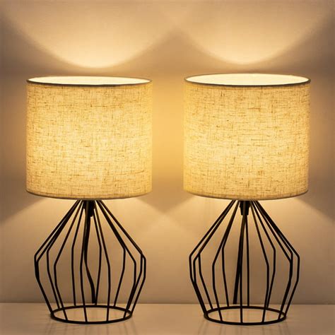 Bedside Nightstand Lamp, Black Hollowed Out Base with Linen Fabric Shade Lamps Set of 2 ...
