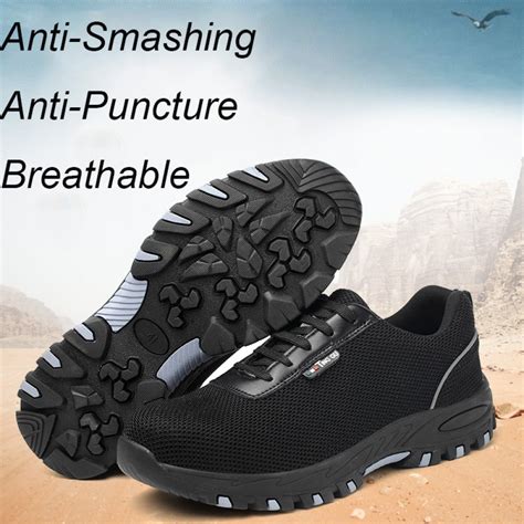 Breathable Mesh Upper Wearproof Sole Anti-Smashing Steel Toe Work Safety Shoes Black ...