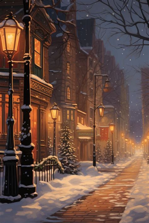 a painting of a snowy street at night