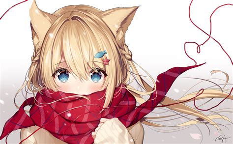 animal ears aqua eyes blonde hair blush braids catgirl close gradient ...