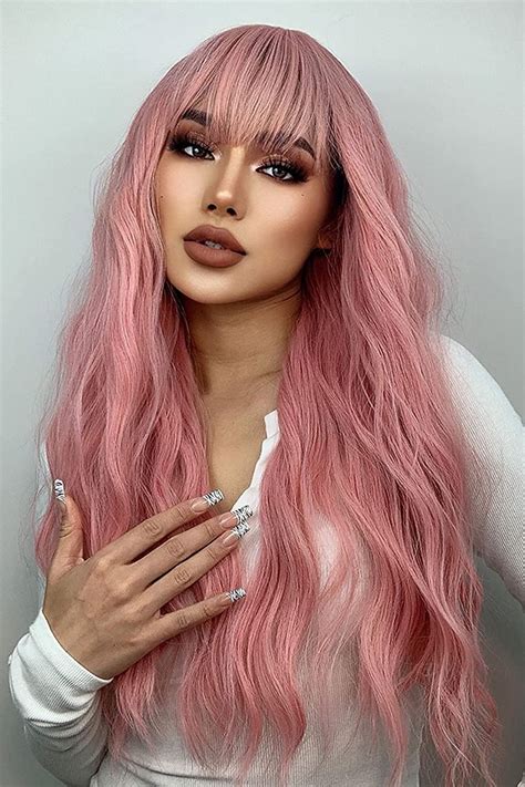 This pink hair wig looks fun! I'm going to buy it Wavy Bangs, Wigs With Bangs, Hairstyles With ...