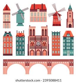 Set French Architectural Landmarks Traditional Houses Stock Vector ...