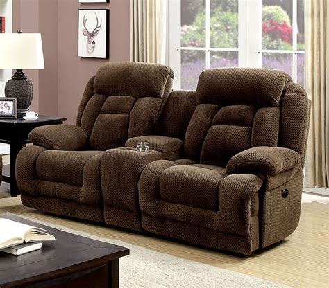 Esofastore Brown Flannelette Fabric Reclining Sofa Loveseat w Console ...